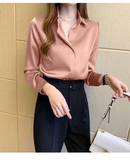 Satin Women Shirt Vintage Long Sleeve Blouse Women Silk Elegant Womens Tops Commuting Luxury White Shirt Autumn Female Clothing