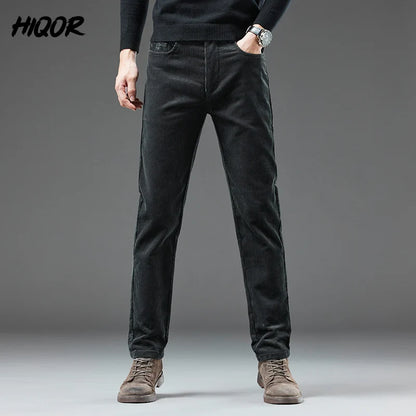 HIQOR Men's Corduroy Man Pants Winter Thick Warm Business Straight Casual Trousers Fashion Korean Fleece Green Baggy Pants Male