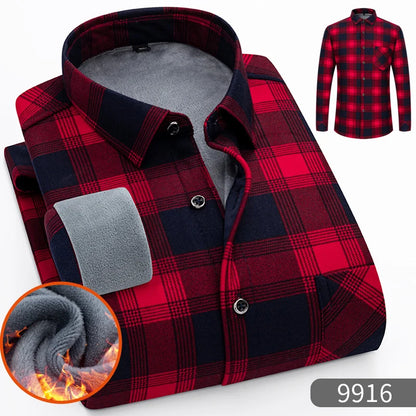 Autumn Winter Thicken Fleece Shirt Men Business Plaid Shirt Long Sleeve Warm Clothes Turn Down Collar Button Up Shirts Classic