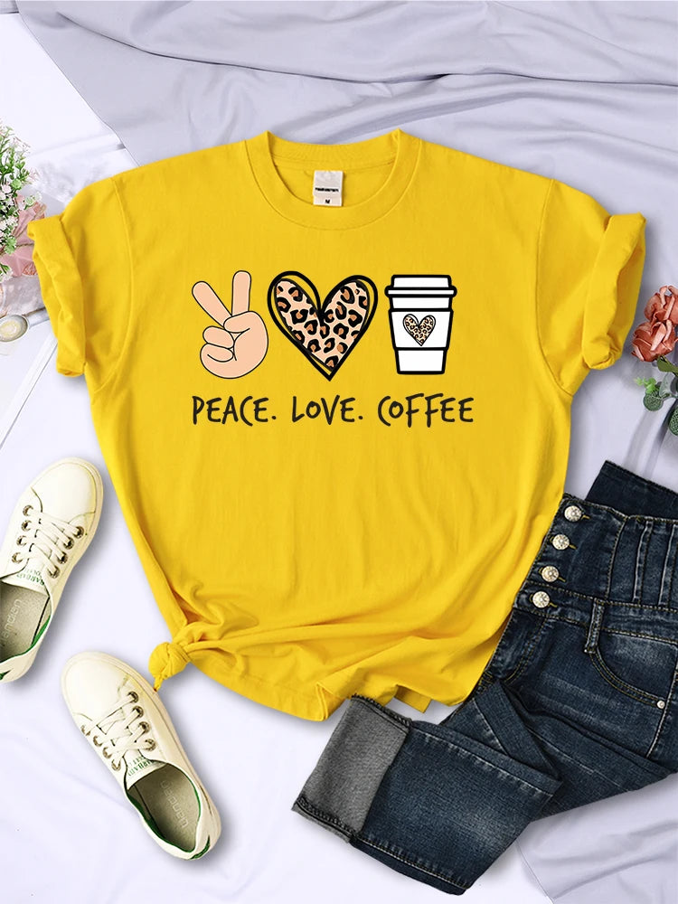 Peace Love Coffee Prints Women Tshirts Cotton High Quality T-Shirts Brand Breathable Tees Shirts Street O-Neck Tshirt For Women