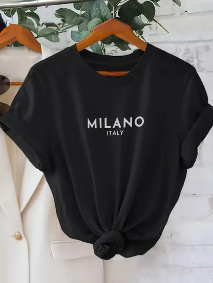 Fashion T Shirt Milano Letter Print T-shirt Casual Crew Neck Short Sleeve Top Tee Spring Summer Women's Clothing