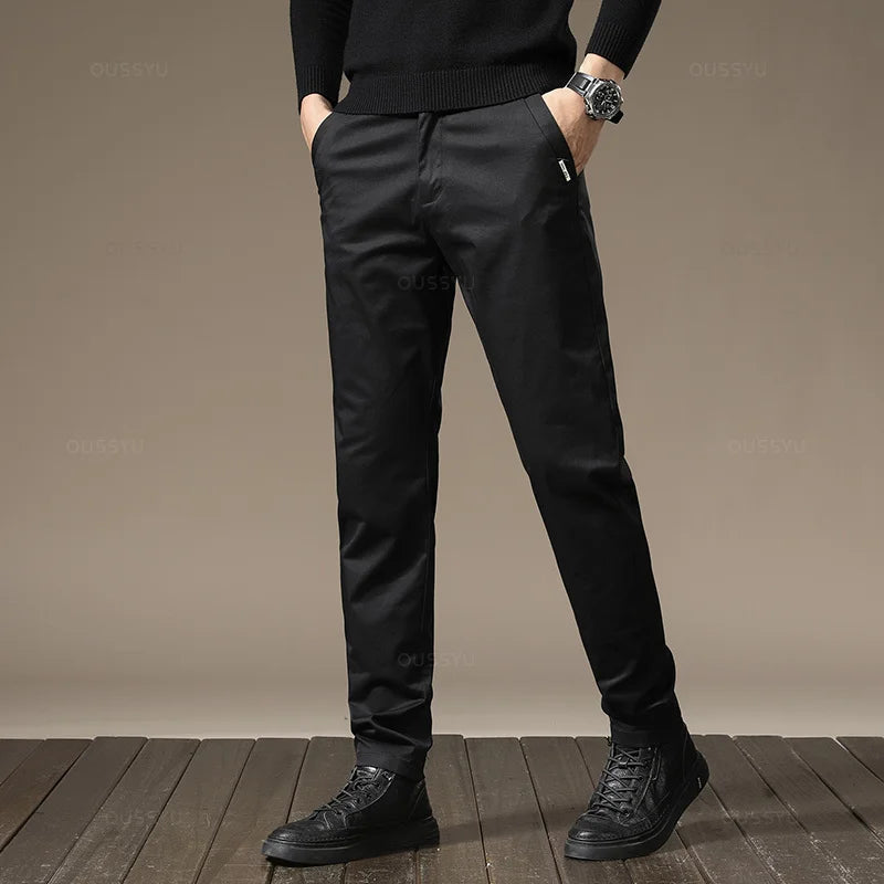 New High Quality Combed Cotton Casual Pants Men Thick Solid color Business Fashion Straight Fit Chinos Gray Brand Trousers Male