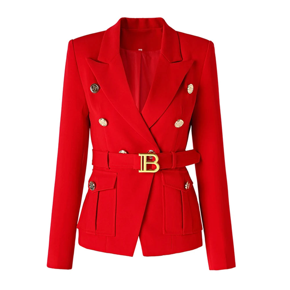 New Fall Party Red Women Pockets Jackets Slim Design Chic Lady Gorgeous Blazer with Belt