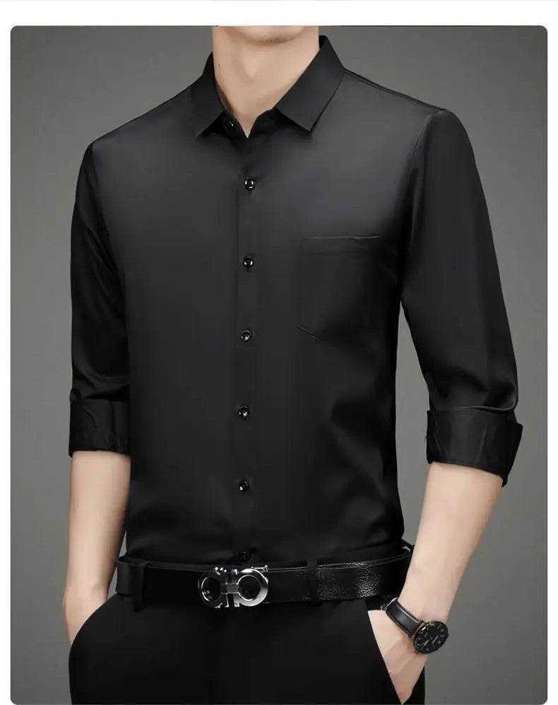 100% Mulberry Silk Shirt Men High Quality Long Sleeve Pocket High-end Business Casual Elastic Anti-wrinkle Non-iron Mens Shirts