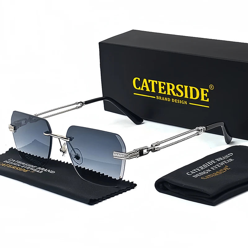 Caterside Rimless Pilot Sunglasses Men Square Metal Frame Women Glasses Travel Party Business UV400 Eyewear Choice for Gifts