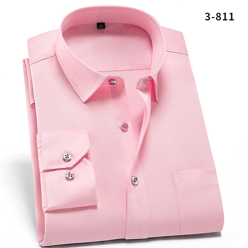 2024 Non-Iron Solid Stretch Shirts for Men Long Sleeve Dress Shirt Men Regular Fit with Front Pocket Soft Easycare Formal Top