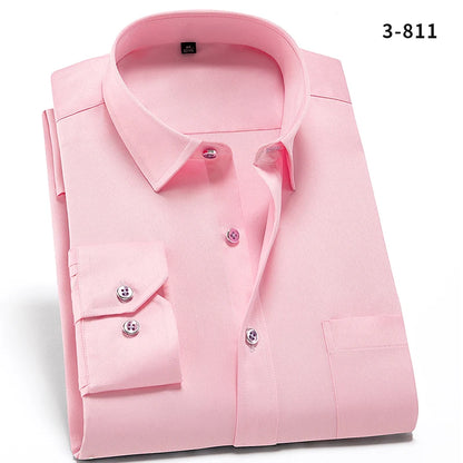 2024 Non-Iron Solid Stretch Shirts for Men Long Sleeve Dress Shirt Men Regular Fit with Front Pocket Soft Easycare Formal Top