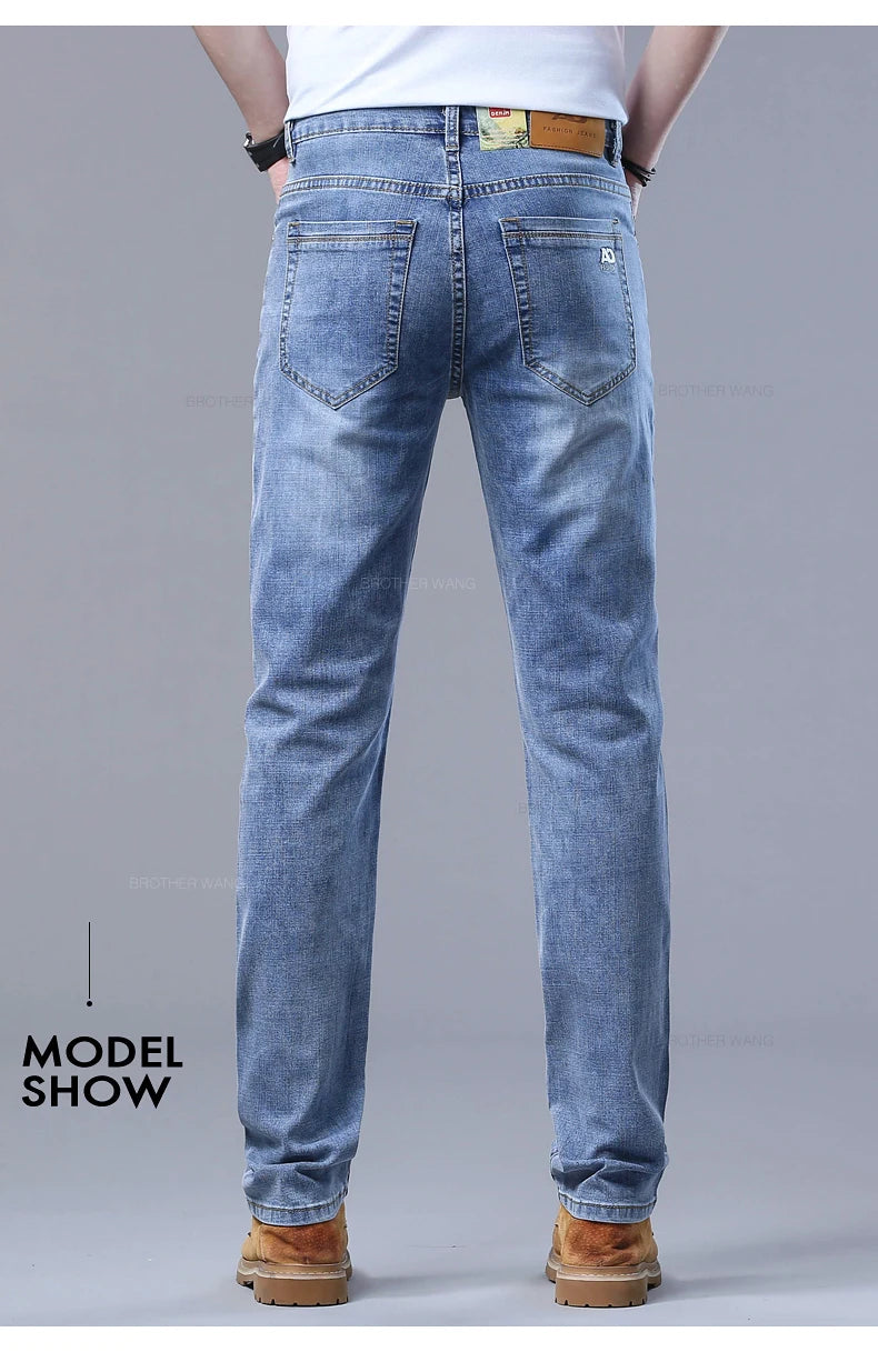 Spring Men's Light Blue Slim Jeans Stylish Casual Stretch Fabric Denim Pants Classic Trousers Smoke Gray