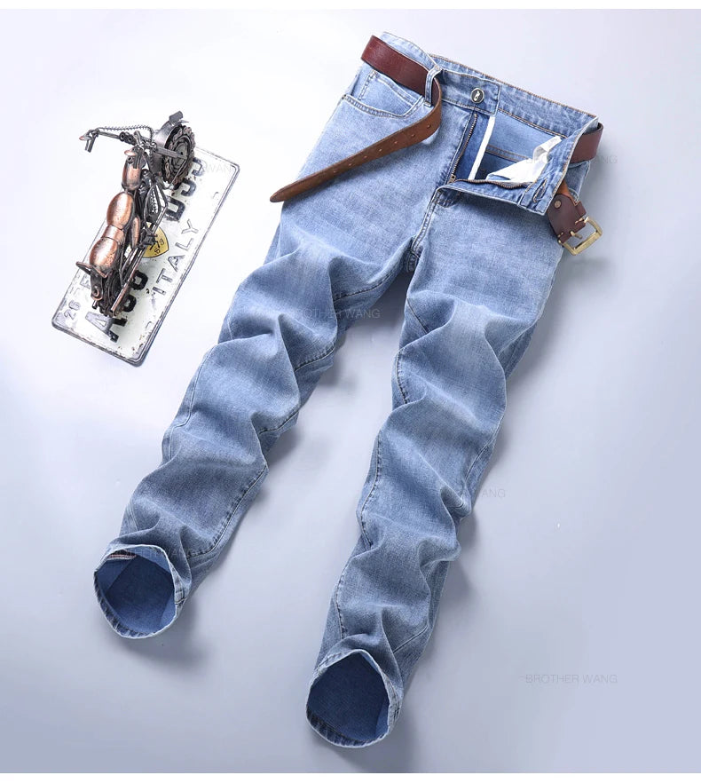 Spring Men's Light Blue Slim Jeans Stylish Casual Stretch Fabric Denim Pants Classic Trousers Smoke Gray