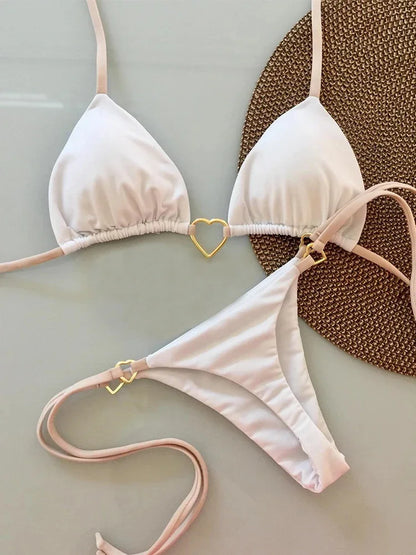 New Solid Color White Bikini Women suit Low Waist Lace-up Fashionable Swimsuit Two-piece Set