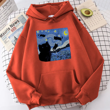 The Starry Cat Night Printing Hoodies Men Autumn Oversize Hoodie Fashion Fleece Sweatshirts Casual S-Xxl Pullover Tops