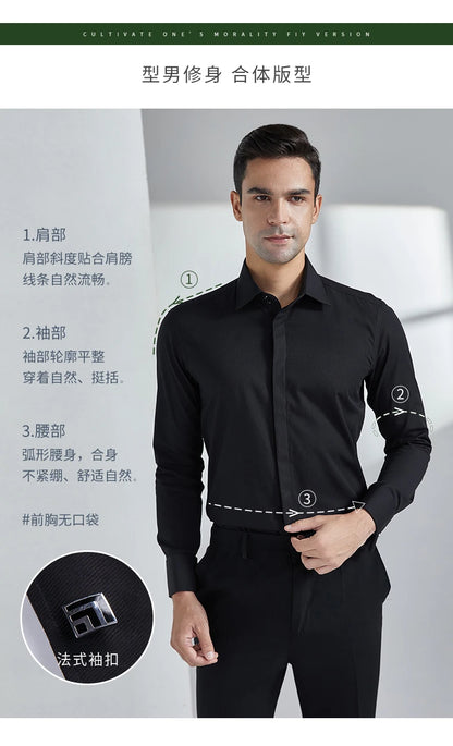 Men's French cufflink shirt with long sleeves slim fit concealed buttons solid color high-end wedding dress formal men's