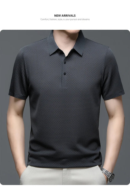 Asian Sizes Summer New Men's Lop-up Hollow Short-sleeved Polo Shirt Ice Silk