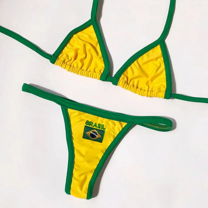 RUOTONSEPT Sexy Embroidery Brasil Flag Contrast Split Bikini Set Women Swimwear Patchwork Swimsuit Hottie Outfit SummerBeachwear