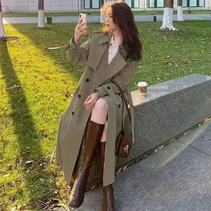 Streetwear Loose Trench Coat Midi Length Fashion Korean Elegant Khaki Black Women's Windbreaker Coat Casual Double Breasted Tops