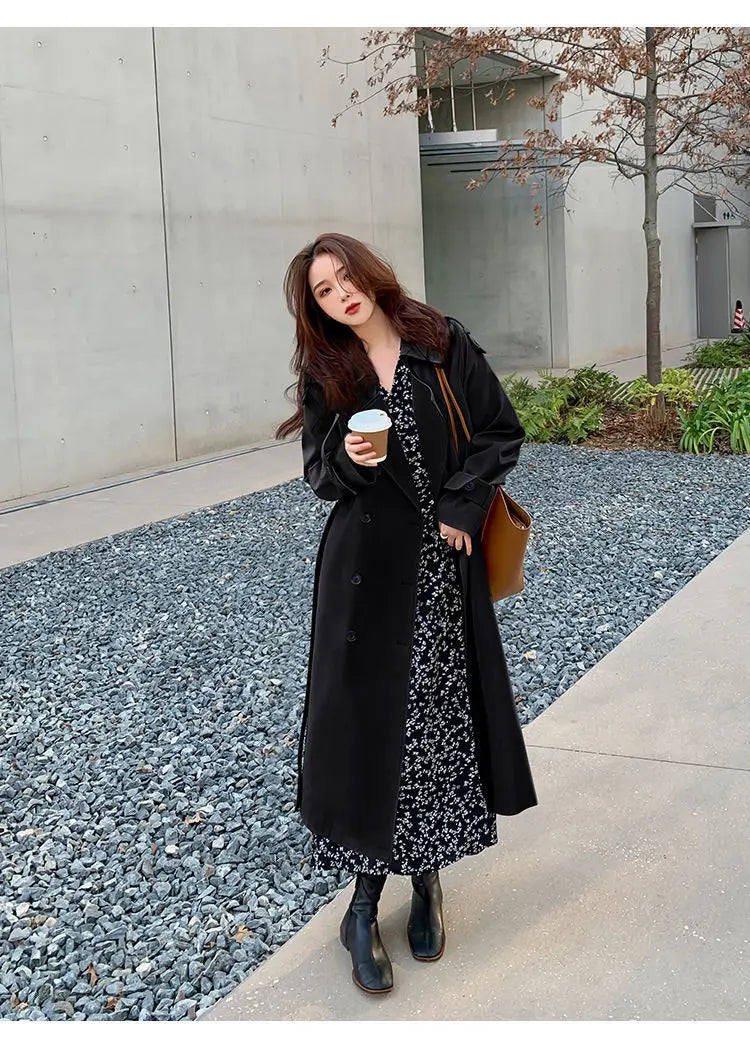 Streetwear Loose Trench Coat Midi Length Fashion Korean Elegant Khaki Black Women's Windbreaker Coat Casual Double Breasted Tops