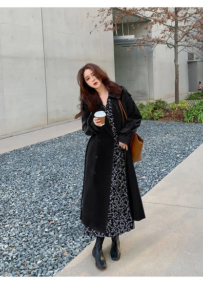 Streetwear Loose Trench Coat Midi Length Fashion Korean Elegant Khaki Black Women's Windbreaker Coat Casual Double Breasted Tops