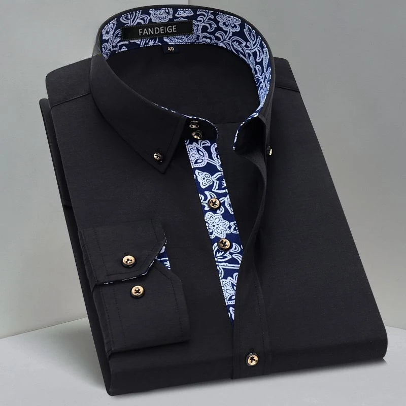 Blue and White Men's Dress Collar Shirt Long Sleeve Solid Color Printing Casual Business Slim Fit Cotton Shirts Anti-Wrinkle