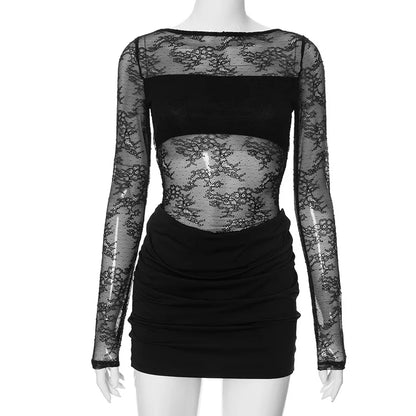 Talenza Lace Sheer High Waist Mini Dress Women's Solid Color Patchwork Print Short Dress Sexy Slim Long Sleeve Mini Dress Y2k