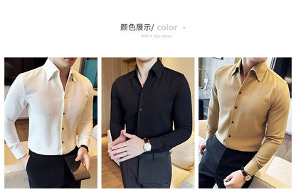 Autumn Solid Color Waffle Shirt Men Slim Fit V Neck Long Sleeve Casual Business Formal Dress Shirts Social Party Streetwear 4XL