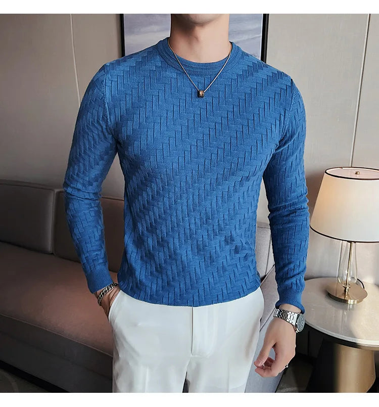 2025 Stretchable Jacquard Woven Winter Crew Neck Sweater Men's Slim Fit Pullover Knitwear Blue, Fashionable Check Pattern