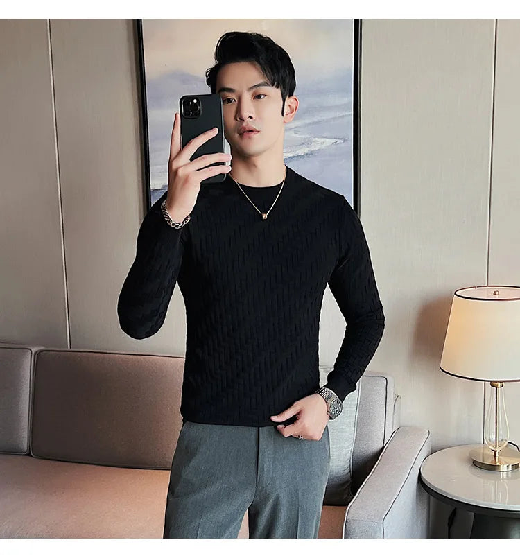 2025 Brand Clothing Men Autumn And Winter High Quality Knitting Sweater Male Slim Fit Plaid Pullover Tight Sweater With o-Neck