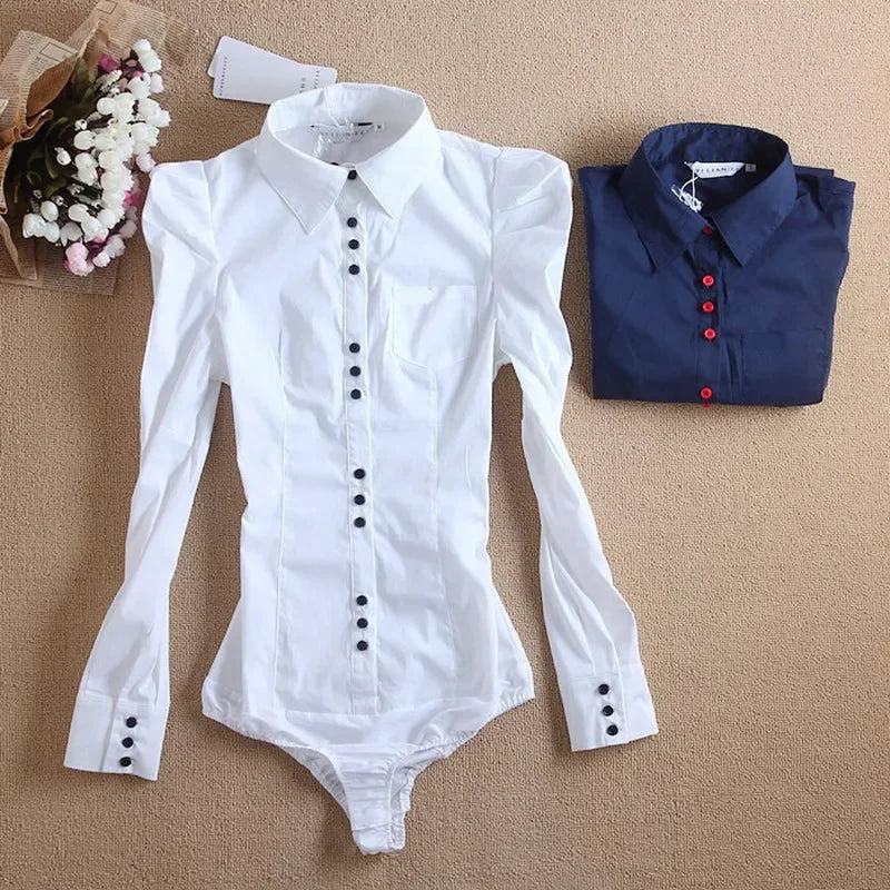 2025 Women Bodysuits Long Sleeve Bodycon White Blouse Shirt Office Lady Work Formal Body Shirts Female Fashion Autumn Winter