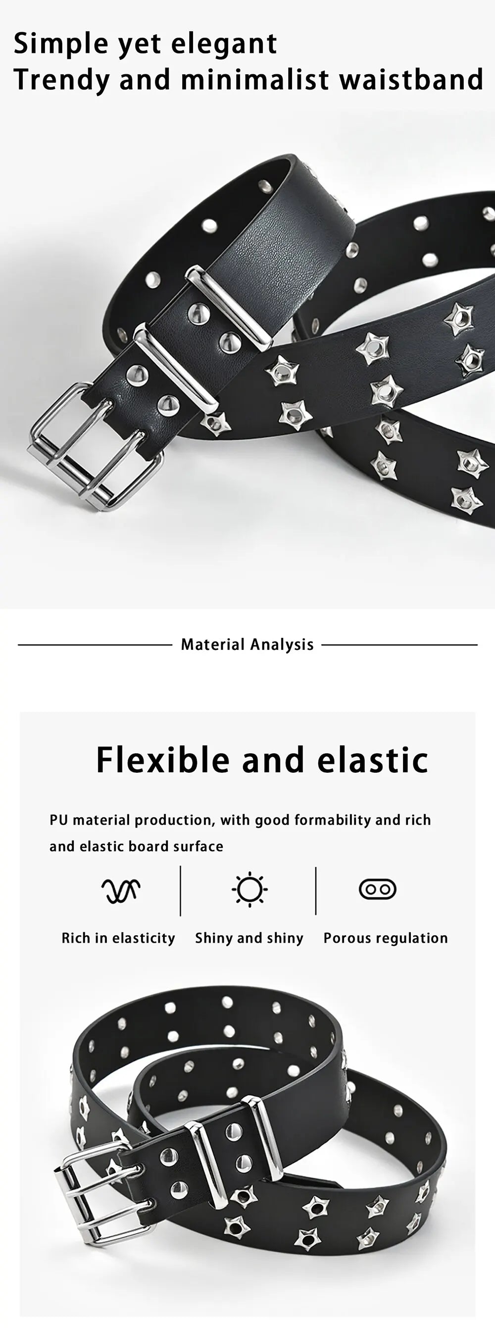 New Star Eye Rivet Belt Goth Style Double Pin Buckle Man/woman Fashion Casual Punk Style Pu Leather Waistband for Jeans Y2K Belt