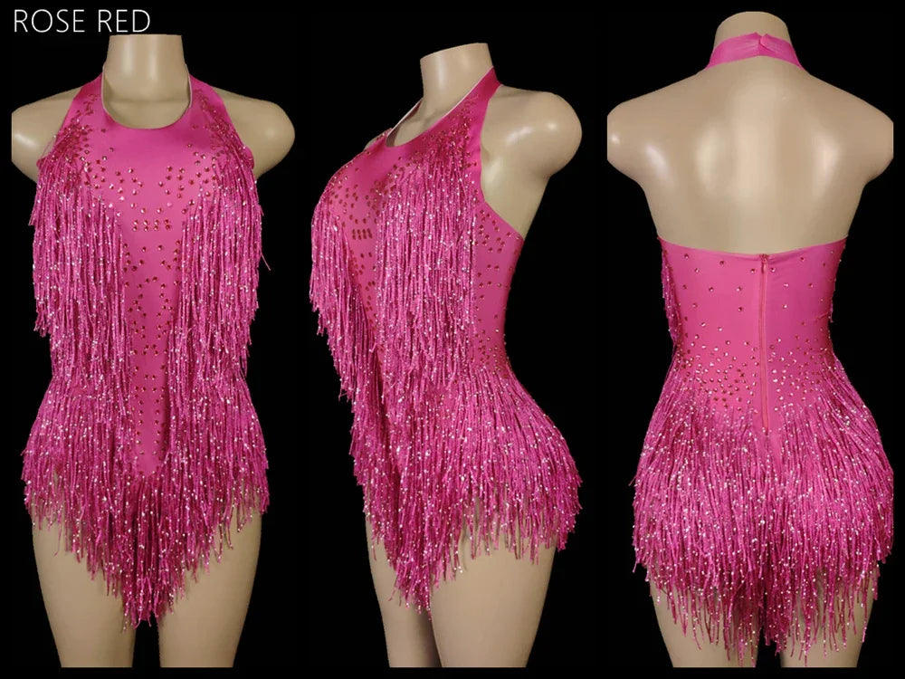 Sparkly Crystals Fringes Bodysuit Sexy Tassel Leotard Jazz Dance Costume One-piece Stage Wear Dancer Performance Show Clothing