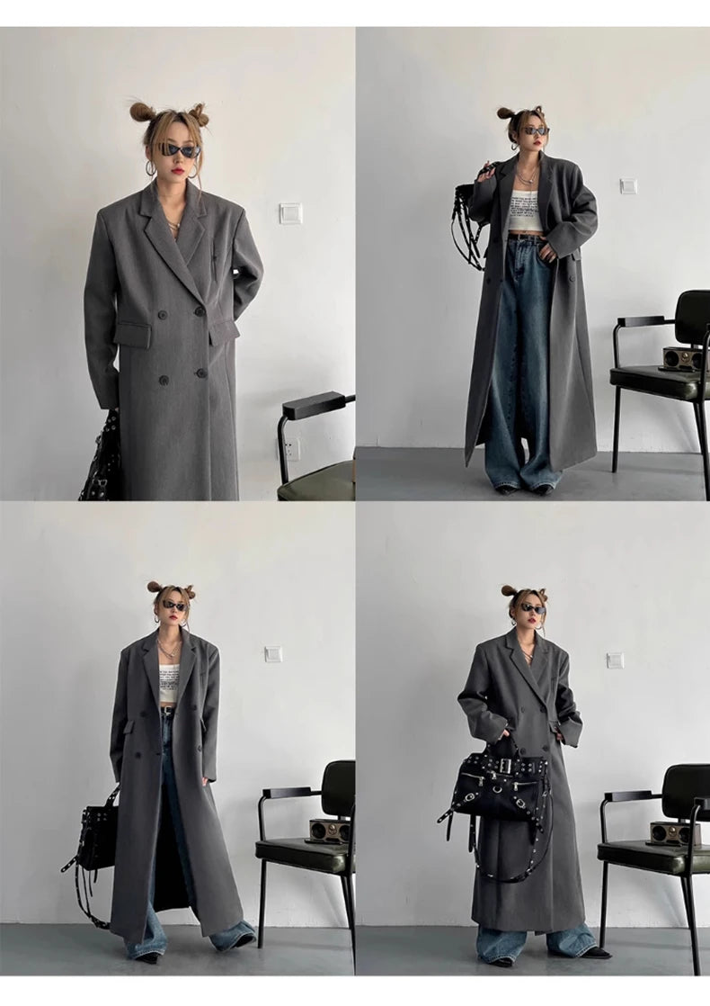 Lautaro Spring Autumn Long Grey Black Trench Coat for Women Double Breasted Loose Casual Korean Fashion Clothing Blazer 2025