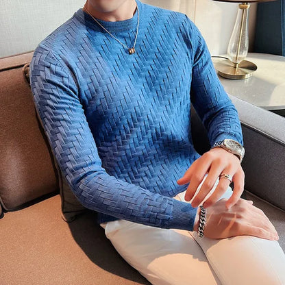 2025 Stretchable Jacquard Woven Winter Crew Neck Sweater Men's Slim Fit Pullover Knitwear Blue, Fashionable Check Pattern