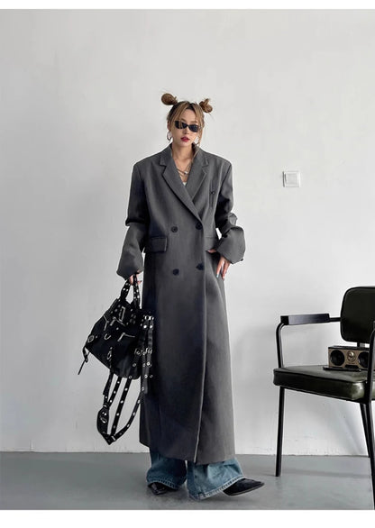 Lautaro Spring Autumn Long Grey Black Trench Coat for Women Double Breasted Loose Casual Korean Fashion Clothing Blazer 2025