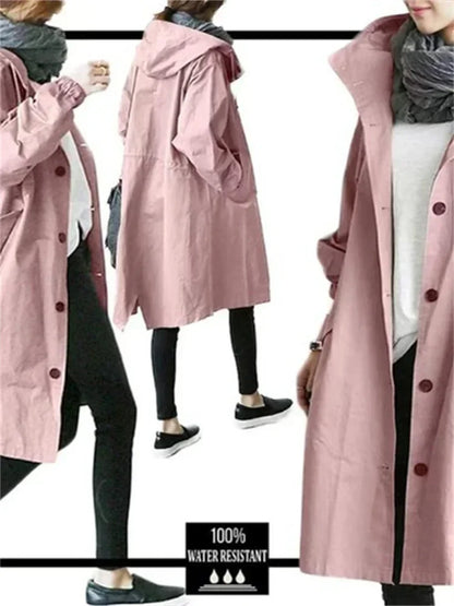 2025 Spring Autumn Casual Korean Fashion Hooded Medium Long Overcoat Loose Windproof Coat Women Trench Coat Solid Color Pocket