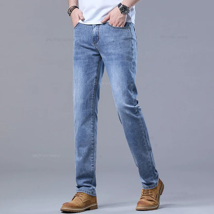 Spring Men's Light Blue Slim Jeans Stylish Casual Stretch Fabric Denim Pants Classic Trousers Smoke Gray