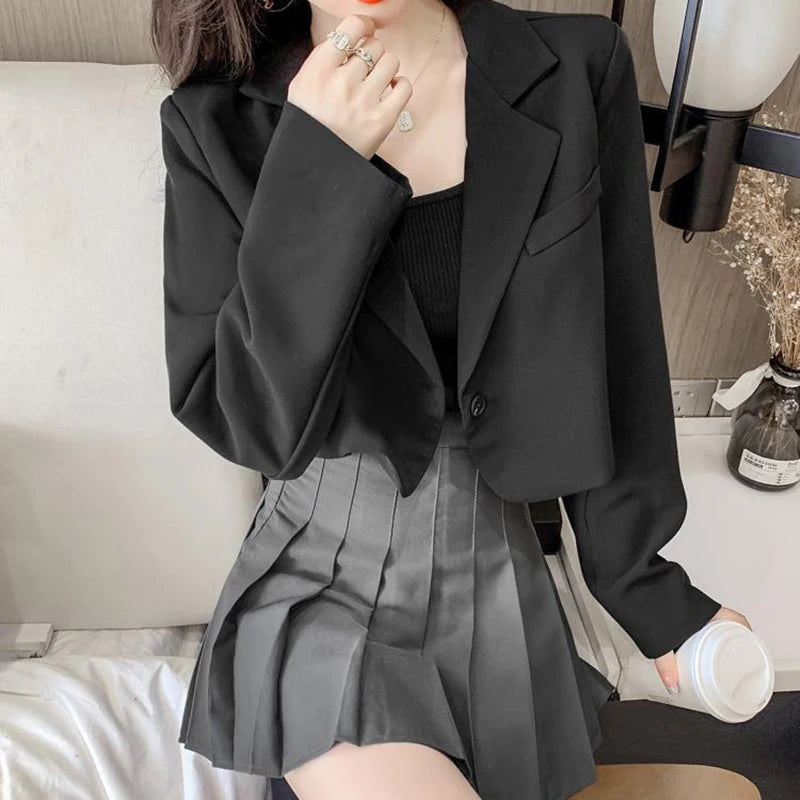 Cropped Blazers for Women 2025 New Korean Fashion Long Sleeve Button Up Suit Jacket Woman Elegant All Match Office Blazer Female