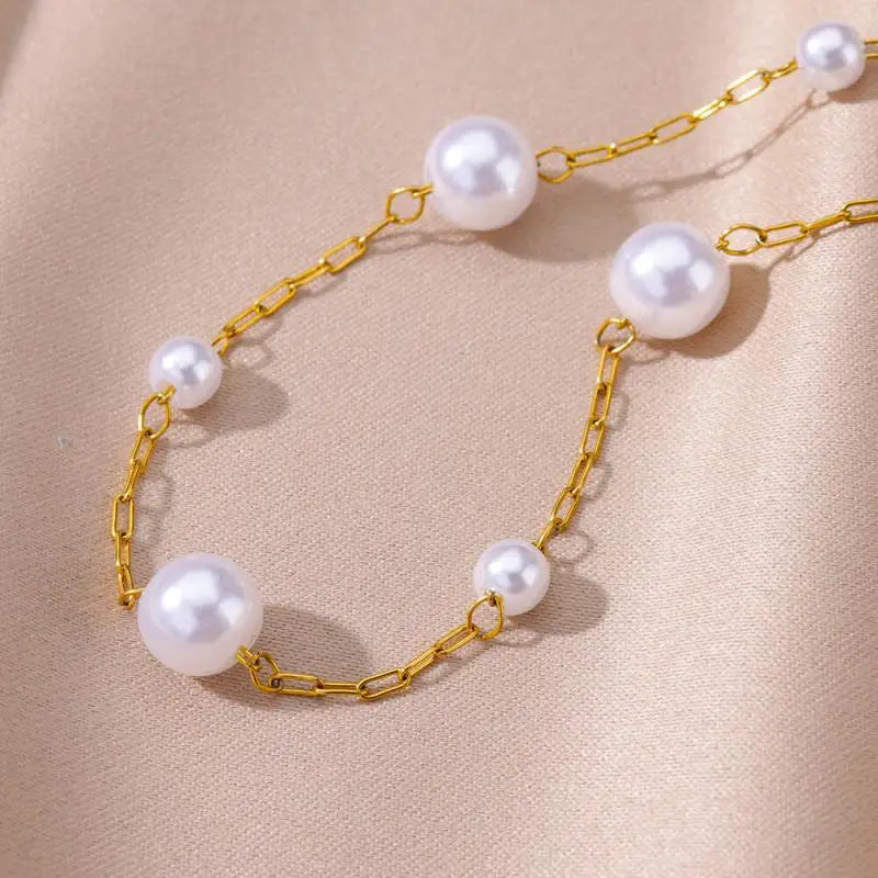 Anklets for Women Summer Beach Accessories Stainless Steel Imitation Pearl Chain Anklet Gold Color Leg Bracelets Bodychain Gifts