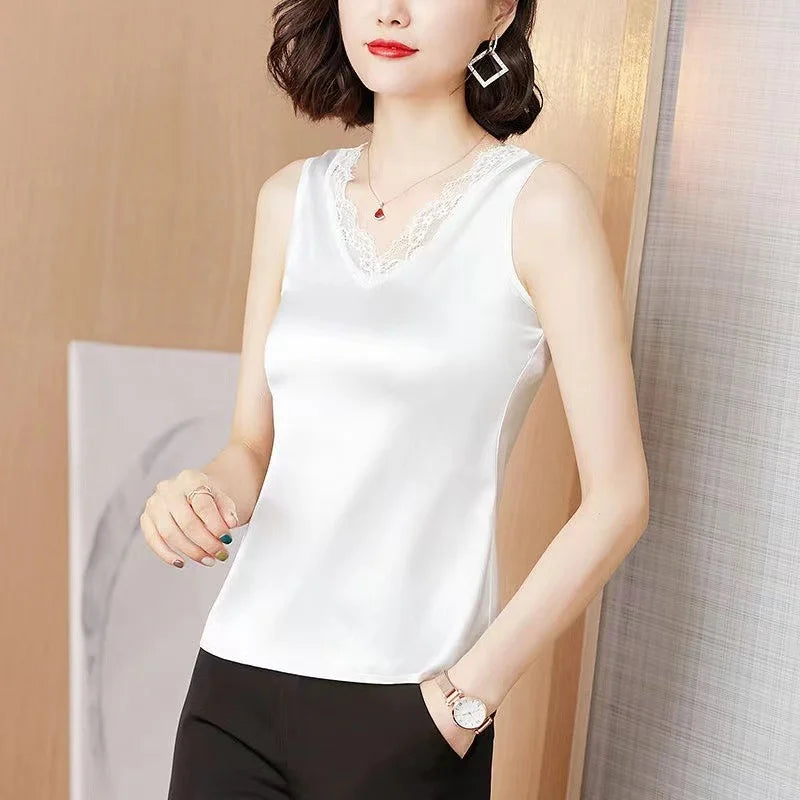 Woman T-shirts Elegant SILK Satin Blouse Sleeveless Female Summer Casual Loose Tanks and Camis Solid Green Tops for Women