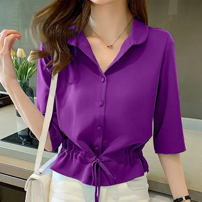 Summer Women All-match Solid Turn-down Collar Half Sleeve Chiffon Shirt Fashion Casual Shirring Single-breasted Blouses Female