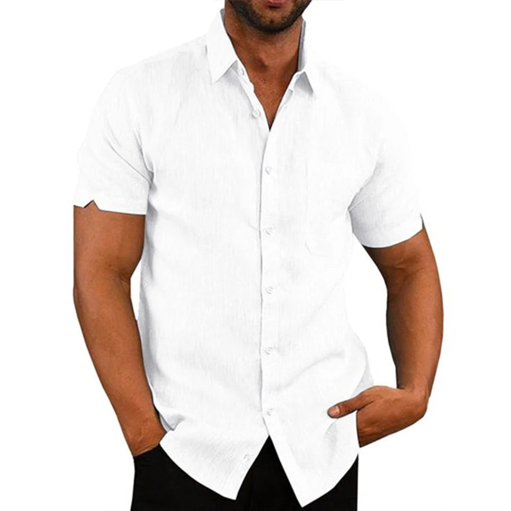 Cotton Linen Hot Sale Men's Short-Sleeved Shirts Summer Solid Color Turn-down collar Casual Beach Style Plus Size