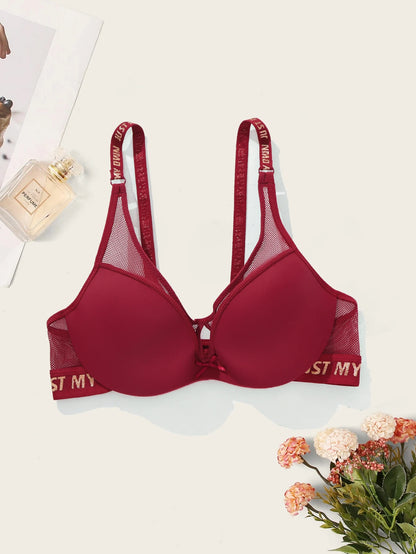 BEAUWEAR Thick Pad Push Up Bra with wire for Small Chest Women Letter Print Mesh Underwear Breathable 75B 80B 85B 90B