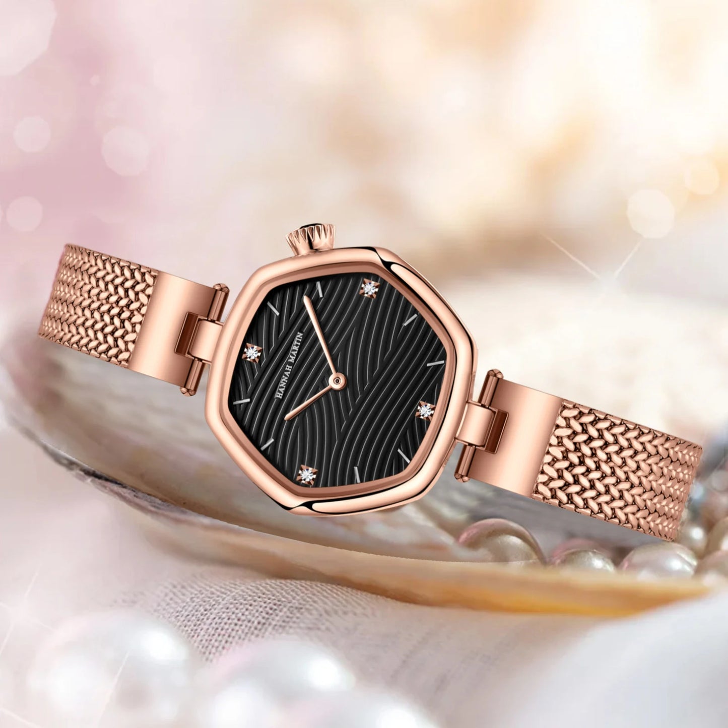 Hannah Martin Top Brand Women Stainless Steel Mesh With White Rose Gold Clock Original Japanese Quartz Movement Luxury Watches