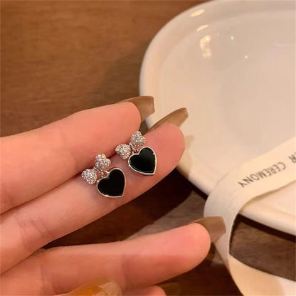 Black Color Love Heart Bowknot Stud Earrings For Women Elegant Geometric Hollow Square Zircon Earrings Wedding Party Jewelry