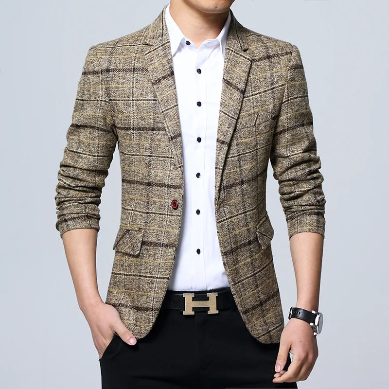 New Men Blazers 5XL Spring British Style Plaid Male Slim Fat Business Casual Blazer Coat Men Suit Jacket Men Blazer Slim Fit