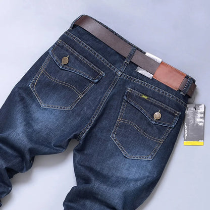 Men's Classic Straight Denim Pants Spring Summer Fashion Deep Blue Button High Waist Daily Work Wear Jeans Long Trousers