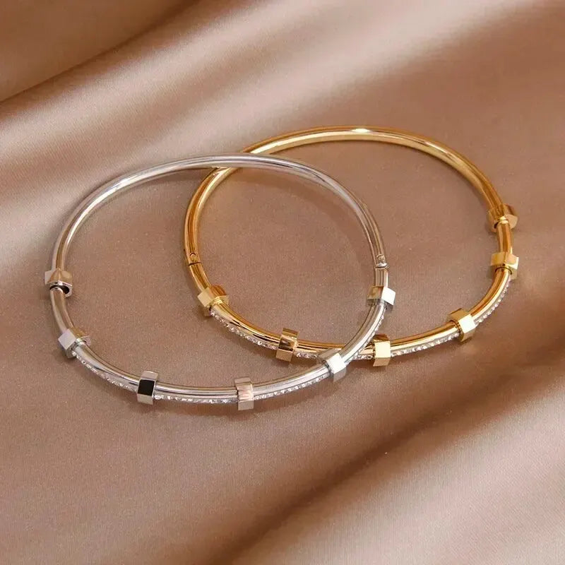 Trendy Round Cubic Zirconia Bangles For Women Men Gold Color Silver Color Stainless Steel Crystal Bangle Party Jewelry