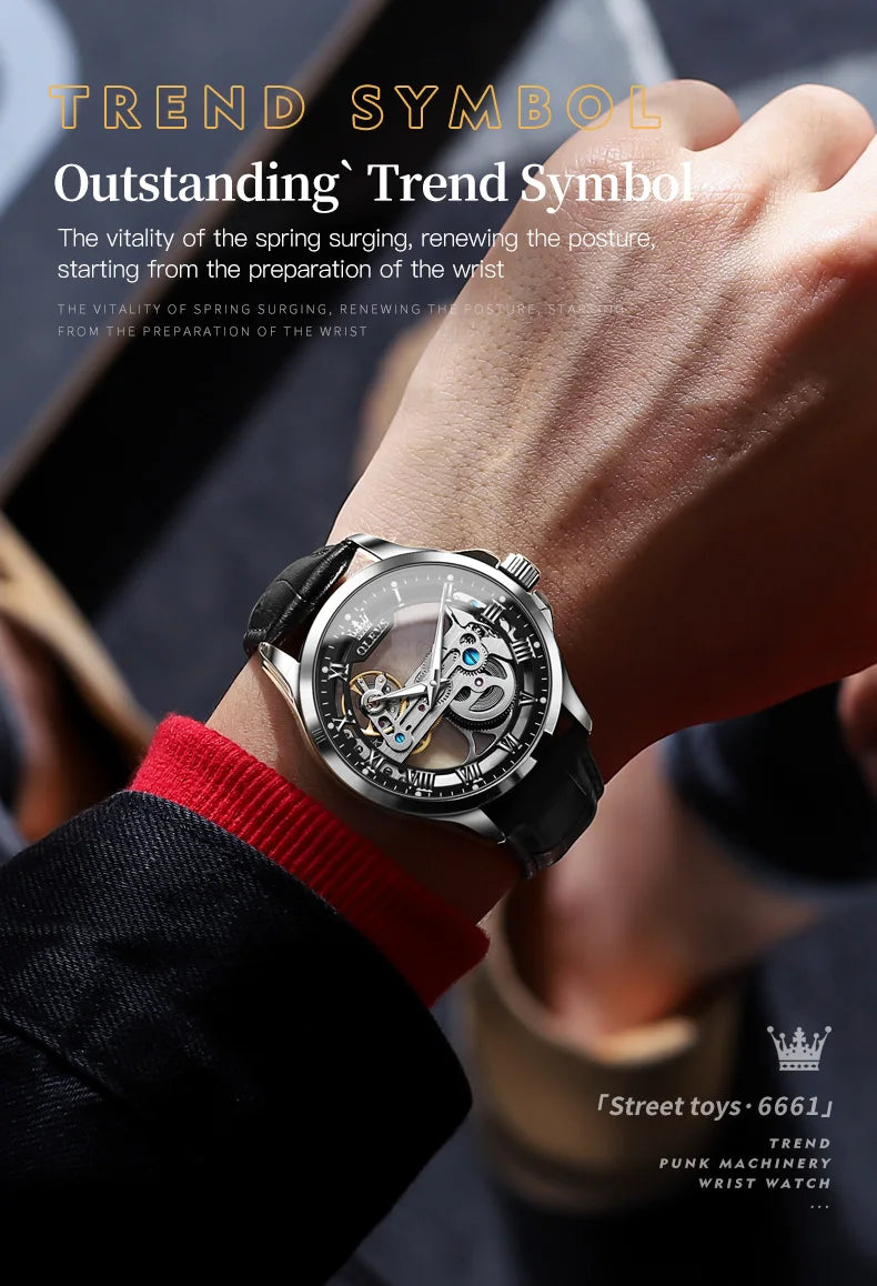 OLEVS Luxury Men Watches Automatic Mechanical Wristwatch Skeleton Design Waterproof Leather Strap Male Watch Reloj Hombre