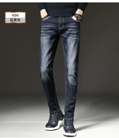 2023 Spring and Autumn New Classic Fashion Solid Color Elastic Small Foot Pants Men's Casual Slim Comfortable High-Quality Jeans