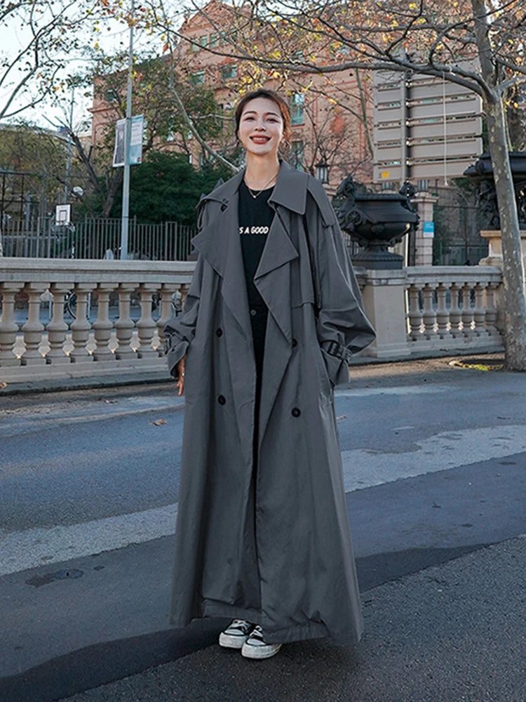 Lautaro Spring Autumn Extra Long Flowy Oversized Casual Trench Coat for Women Belt Double Breasted Loose Korean Fashion 2025