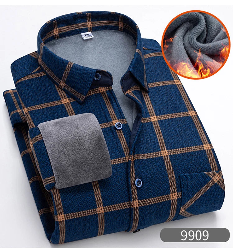 Autumn Winter Thicken Fleece Shirt Men Business Plaid Shirt Long Sleeve Warm Clothes Turn Down Collar Button Up Shirts Classic