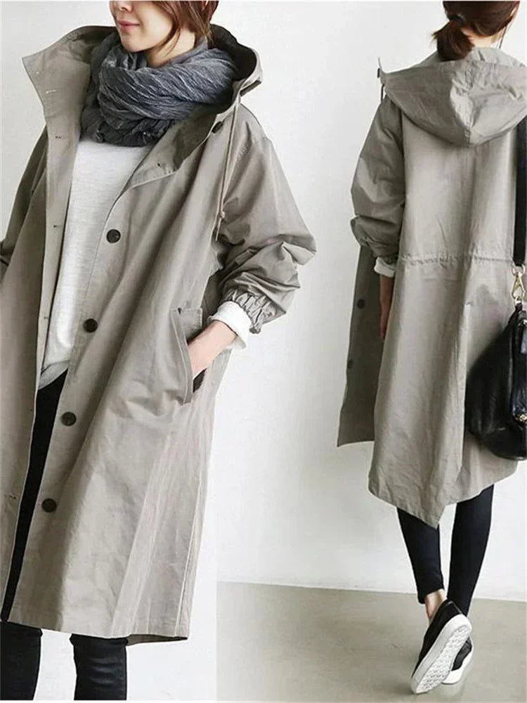 2025 Spring Autumn Casual Korean Fashion Hooded Medium Long Overcoat Loose Windproof Coat Women Trench Coat Solid Color Pocket